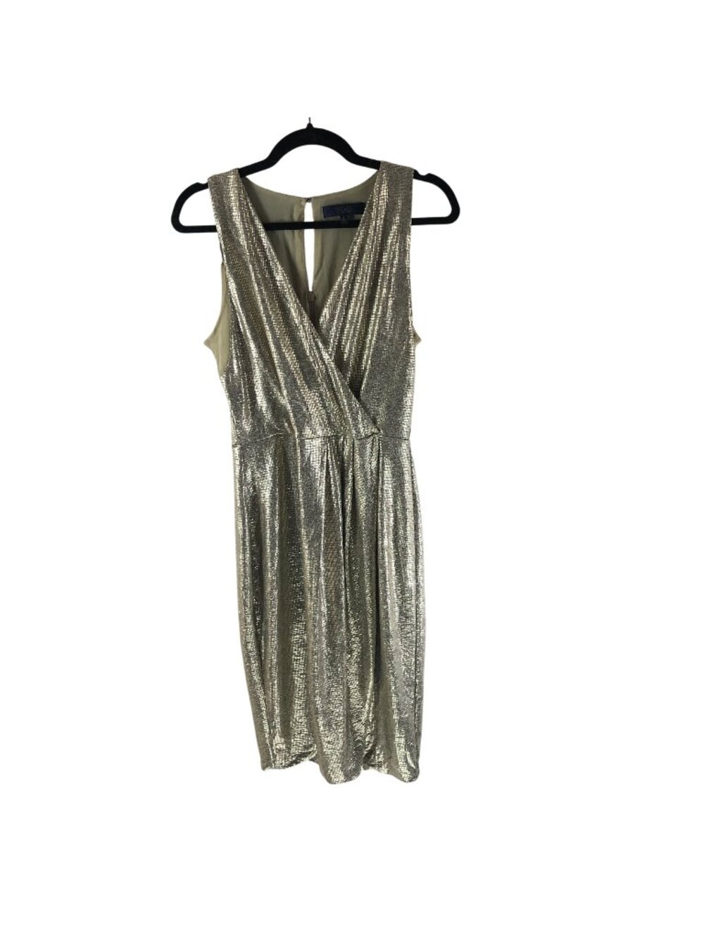 Rachel Rachel Roy Metallic Gold Sleeveless Faux Wrap Surplice Neckline Dress M